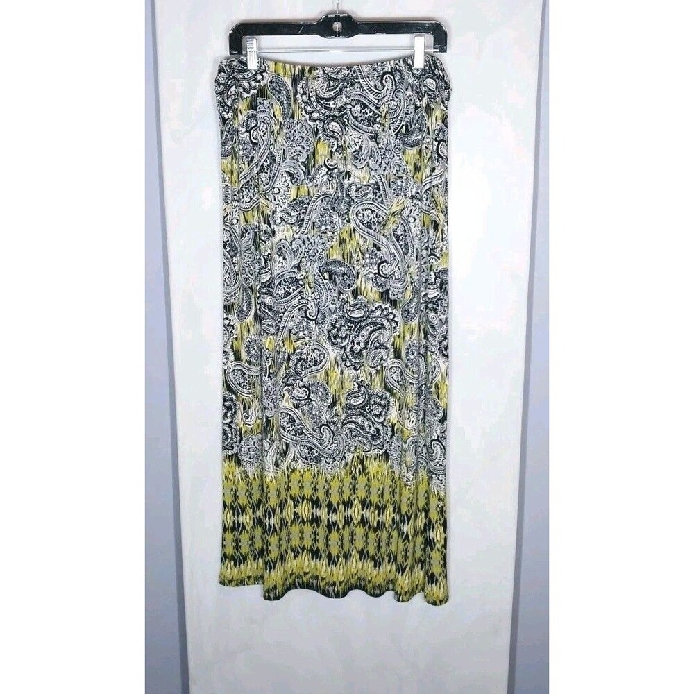 Women’s Paisley Maxi Skirt L Black White Elastic Waist Pull-on Festival Boho